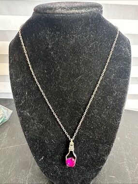 Silver Tone Champagne Bottle Charm Necklace Womens Party Celebration Novelty